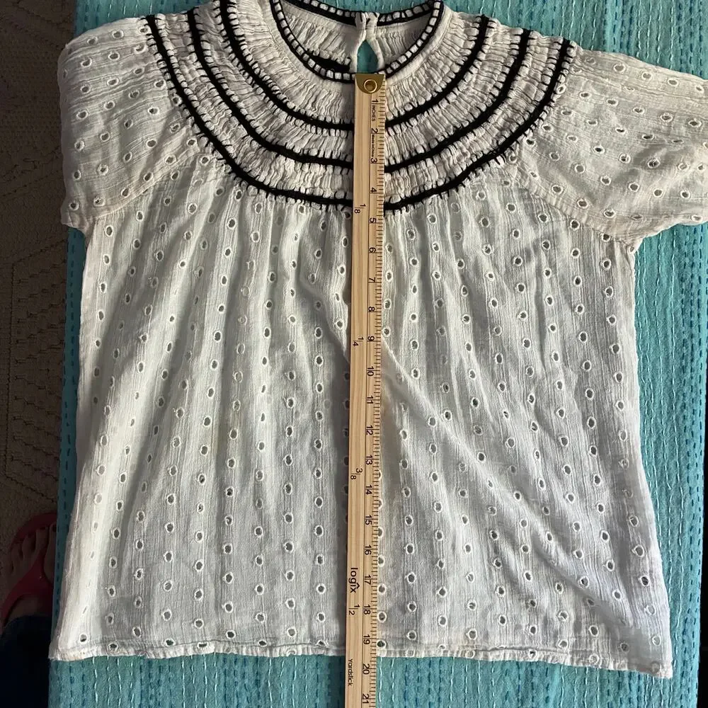 Lulus White Eyelet Cotton Blouse Black Trim Mock Neck Long Sleeve XS - Picture 7 of 12